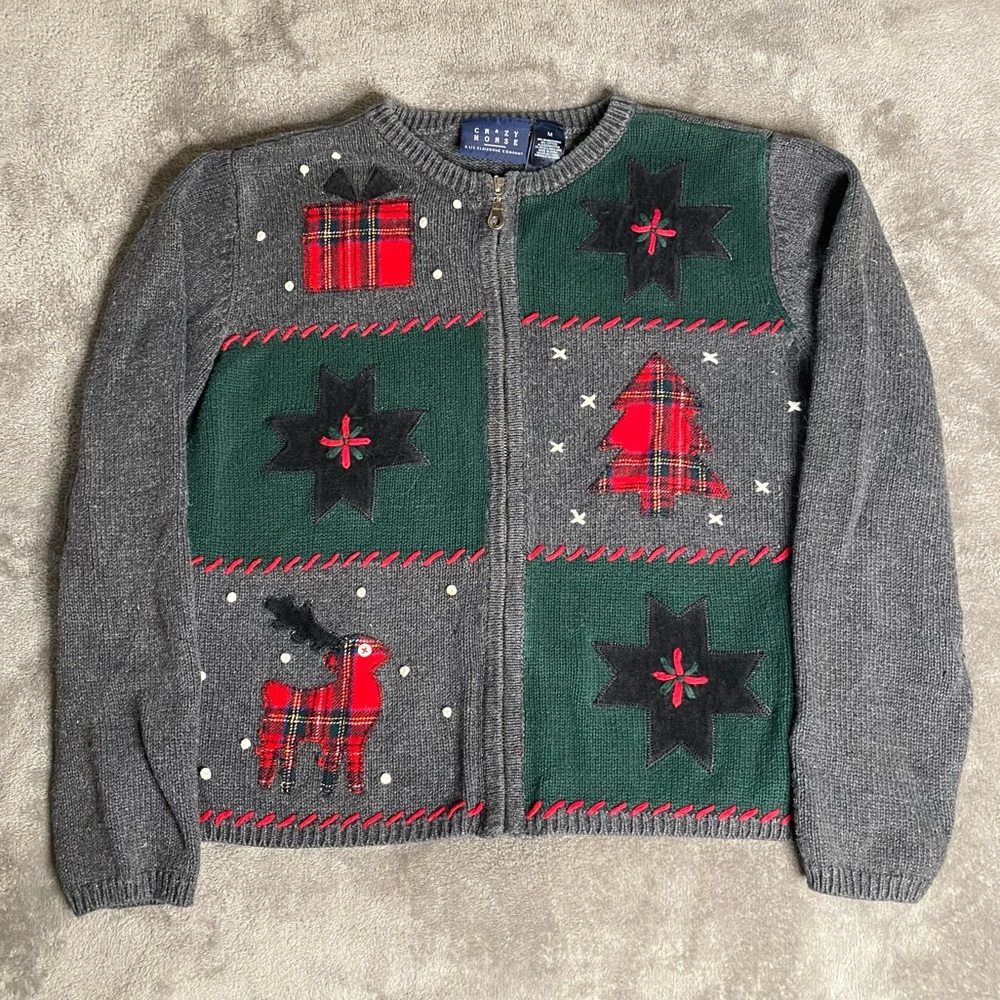 Crazy Horse by liz claiborne grey festive holiday/christmas zip up sweater